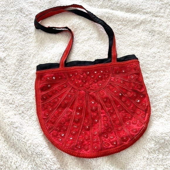 Handmade Red & Black Micro Mirror Boho Witchy Tote Bag - Picture 1 of 11